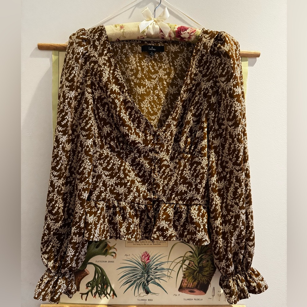 Lulus Autumn Blossom Brown Floral Button-Front Long Sleeve Top